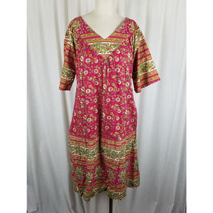 Vintage 70s Kaftan Hawaiian Dress MuuMuu Womens M L VNeck Floral Midi Tiki Luau